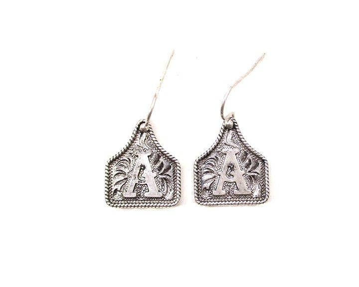 Silver Cattle Tag Initial Earrings