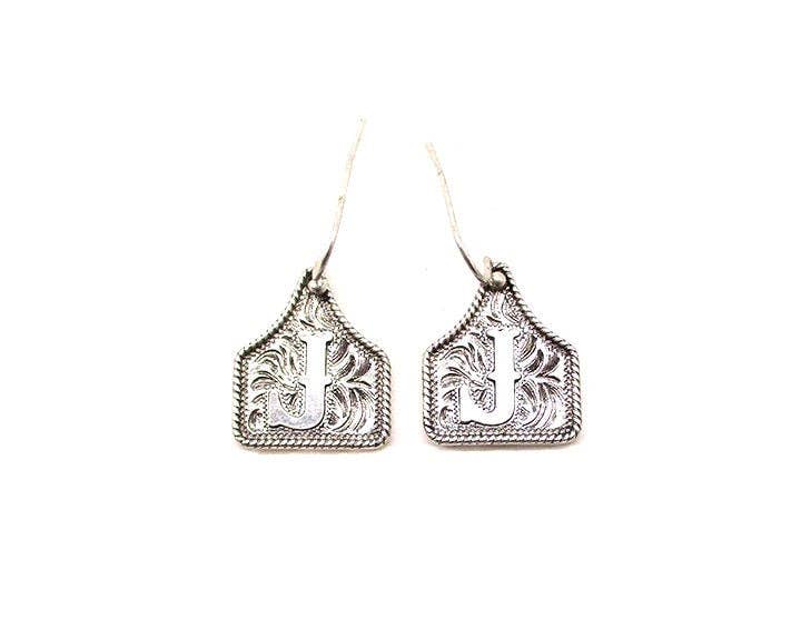 Silver Cattle Tag Initial Earrings