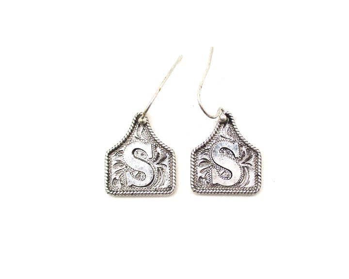 Silver Cattle Tag Initial Earrings