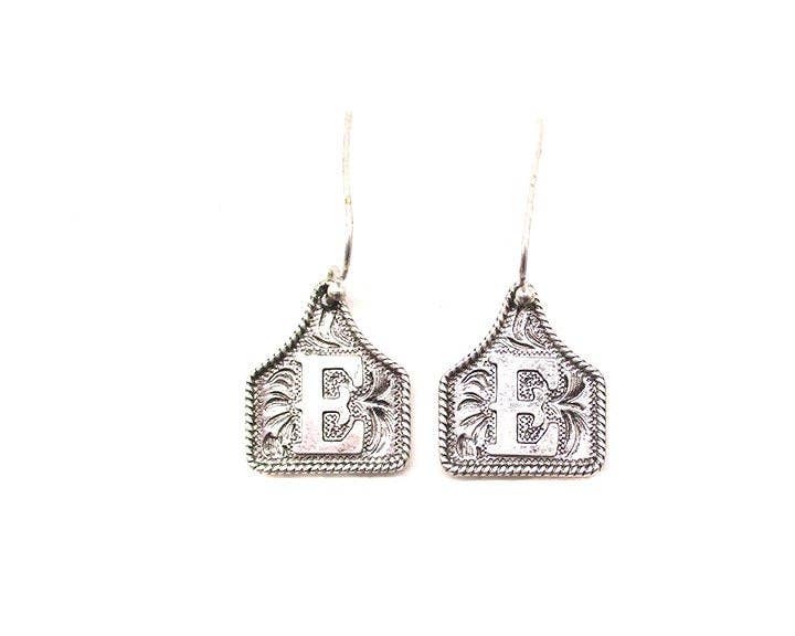 Silver Cattle Tag Initial Earrings