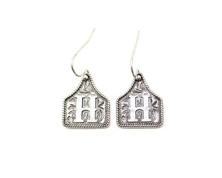 Silver Cattle Tag Initial Earrings