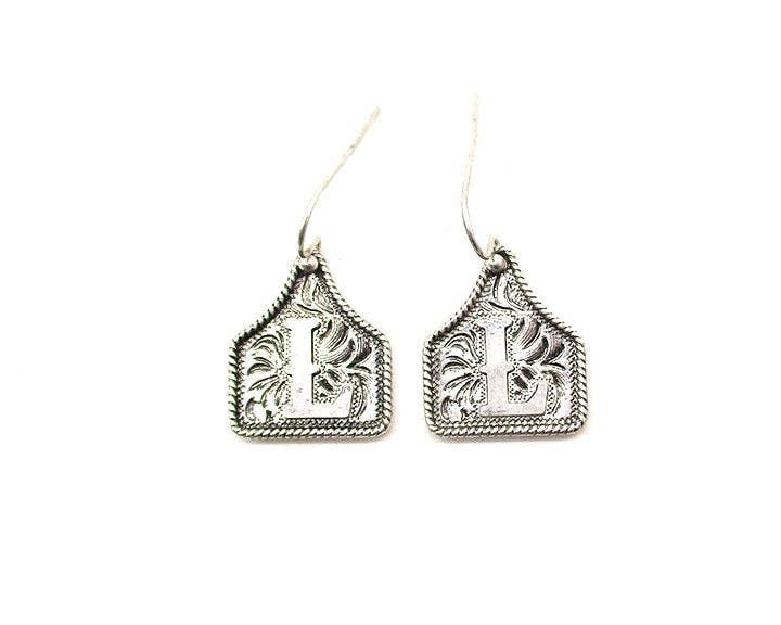 Silver Cattle Tag Initial Earrings