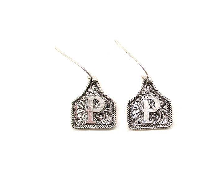 Silver Cattle Tag Initial Earrings