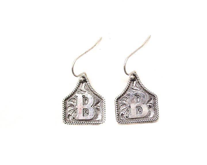 Silver Cattle Tag Initial Earrings