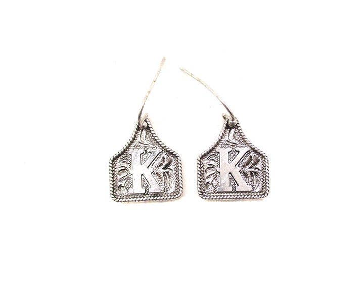 Silver Cattle Tag Initial Earrings