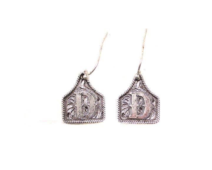 Silver Cattle Tag Initial Earrings
