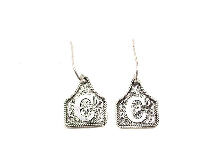 Silver Cattle Tag Initial Earrings