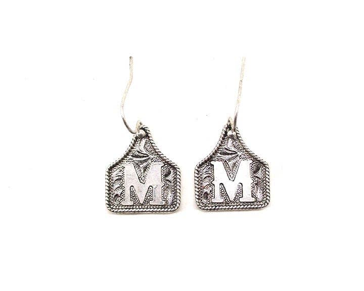 Silver Cattle Tag Initial Earrings