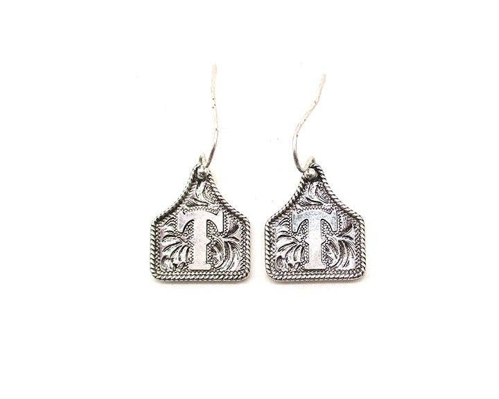 Silver Cattle Tag Initial Earrings